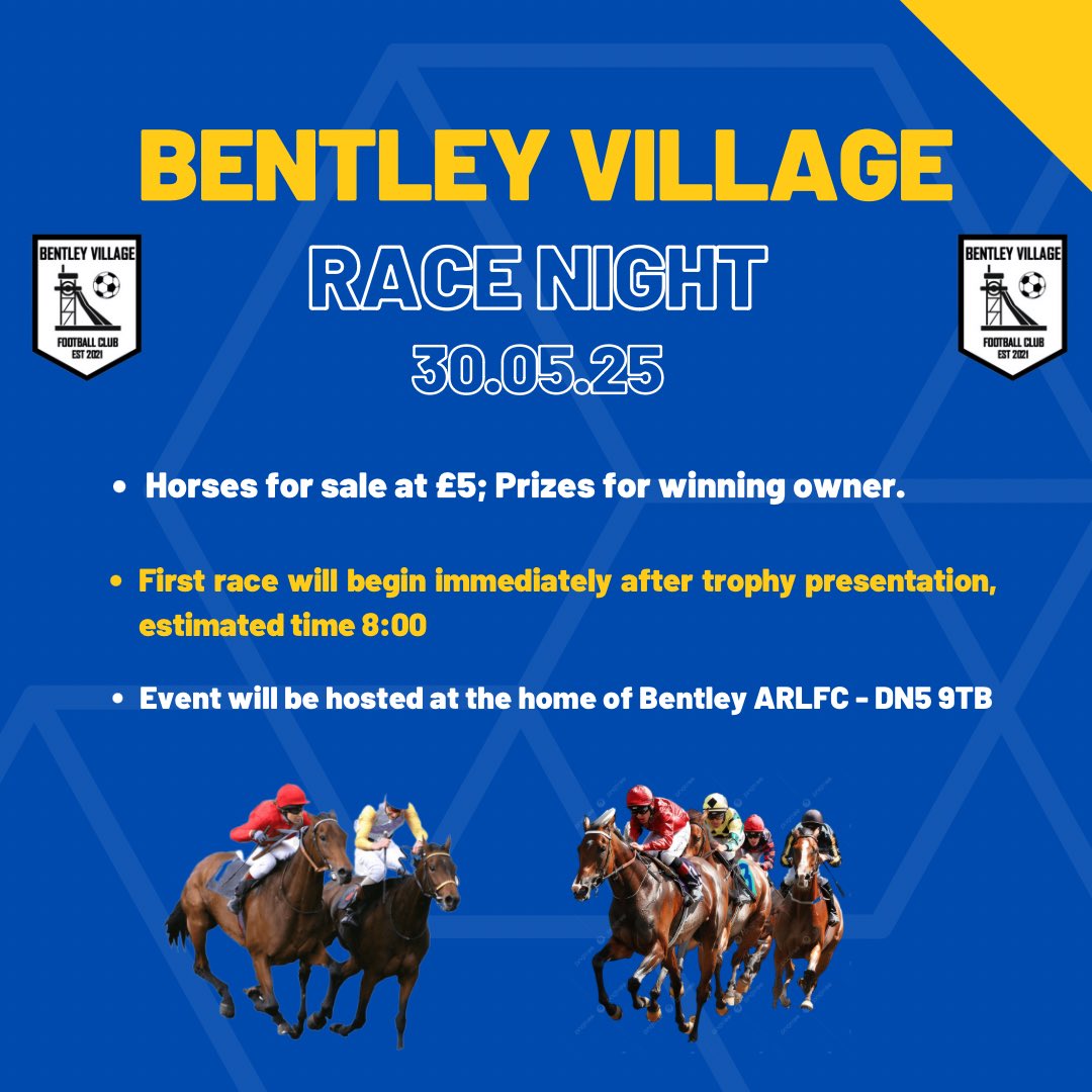 Race Night | 🐎✅

In addition to this seasons presentation night we will also be hosting a race night immediately afterwards!

If anyone wants to buy and name a horse (£5) please drop us a message for more details, hope to see you all down!

#MonTheVillage
