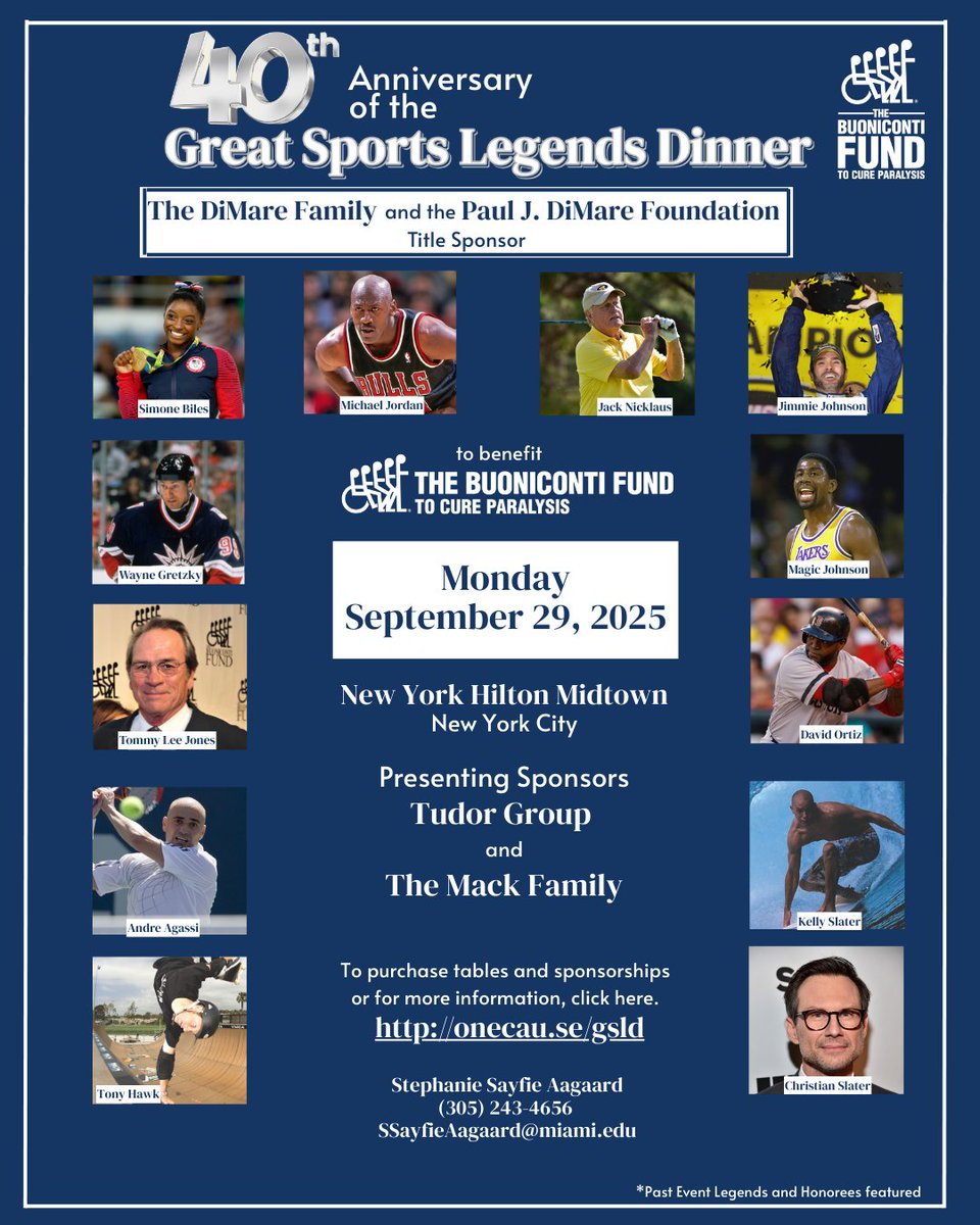 BuonicontiFund's tweet image. The lineup for the 40th Anniversary of the Great Sports Legends Dinner will be Legendary so be sure to join us in NYC for this important fundraising and awareness event.
Learn more: onecau.se/gsld
#SportsLegendsDinner #TheBuoniocontiFund #MiamiProject #CureParalysis