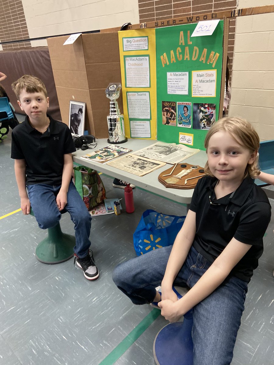 PEISportsHall's tweet photo. Sawyer Drake &amp; his partner Eli  MacIntyre got third place and will go to the provincial finals for Grade 5 in the annual Heritage Fair at Morell Consolidated for their project on 1970-80’s NHL star Al MacAdam from Morell. Alan was inducted into the PEISHOF in 1990.. https://t.co/gPsOFvvCeP