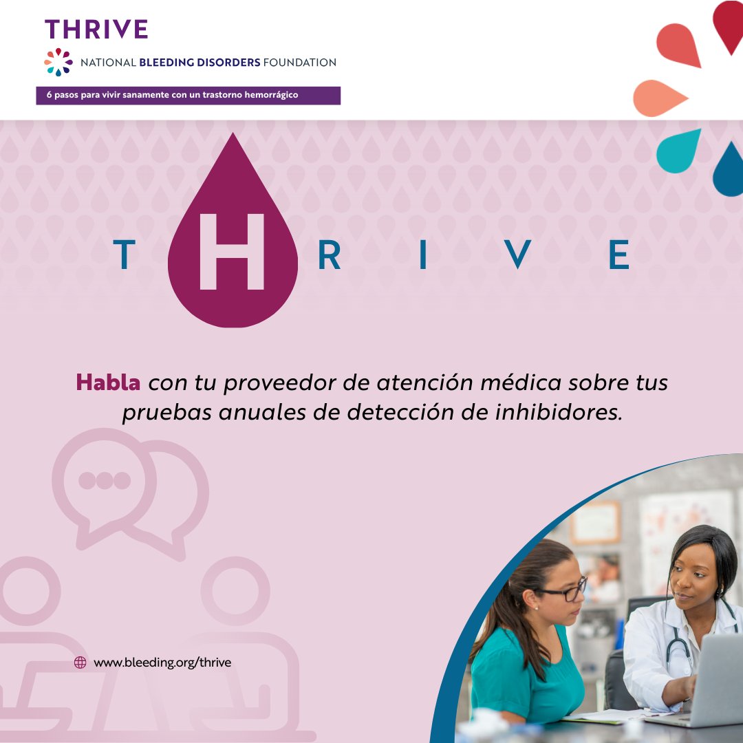 ¡Es hora de priorizar tu salud! Habla con tu proveedor de atención médica sobre la prueba anual de inhibidores. La detección temprana es clave para manejar eficazmente los trastornos de la coagulación. ¡Prosperemos juntos con THRIVE! bit.ly/43VaW9X
