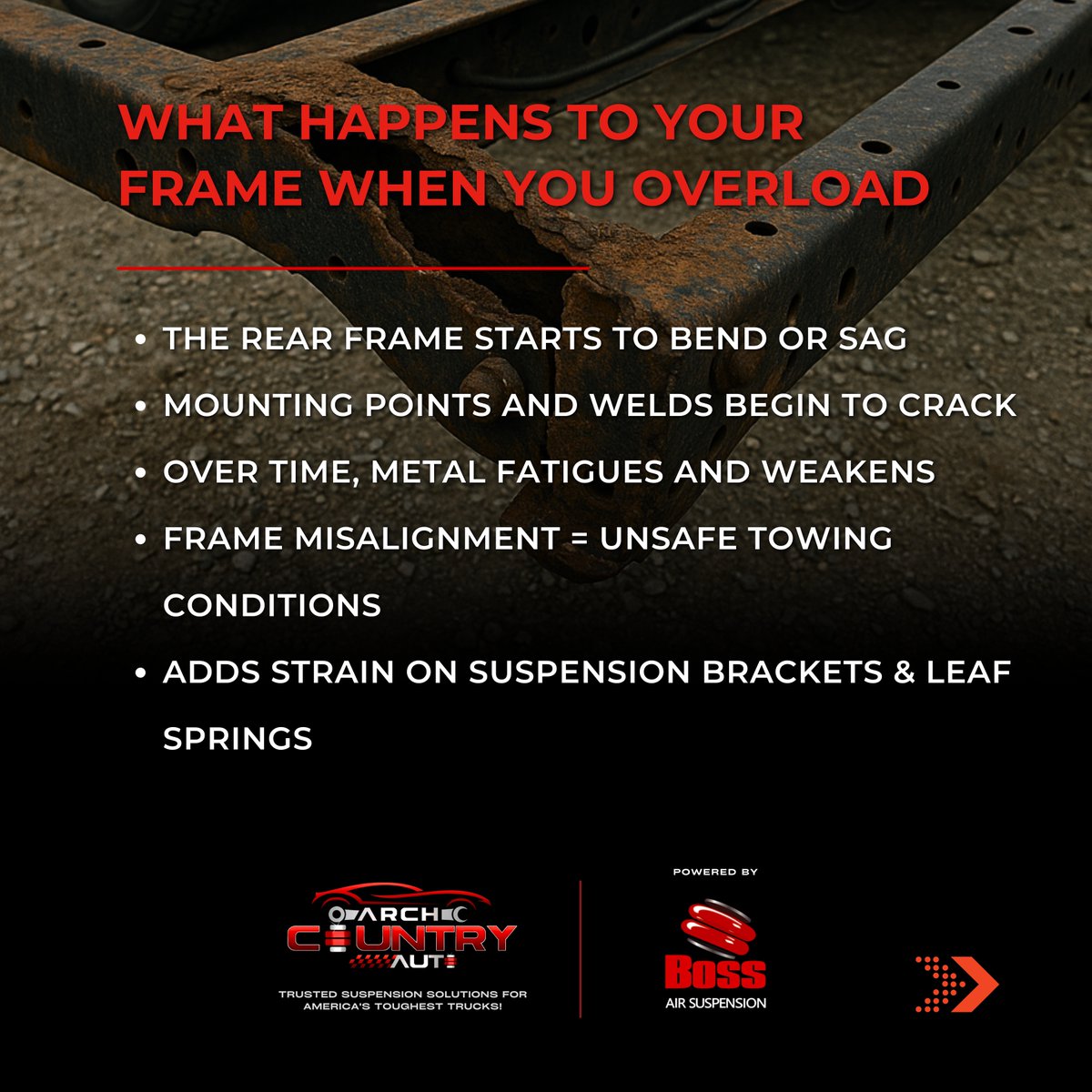 Archcountryauto's tweet image. Overloading your pickup? That stress could be cracking your truck’s frame
Don’t wait for costly repairs. Upgrade with Arch Country Auto air suspension kits built for America’s hardestworking trucks. 🇺🇸
archcountryauto.com
#TruckLifeUSA #TowSmart #TruckModsUSA #ArchCountryAuto