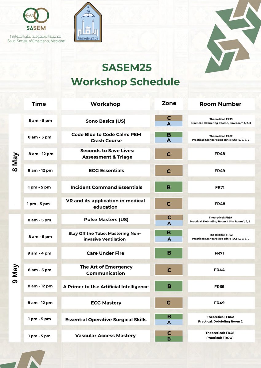 Get ready!
SASEM25 Workshops kick off tomorrow, May 8th at Imam University!
From ultrasound to VR, triage, AI &amp; more—2 full days of hands-on learning await.

Check your schedule, know your zone, and don’t miss your session!

Location: maps.app.goo.gl/bLHcgdjkA9RsZE…
Gate 1 
At 7:00 AM