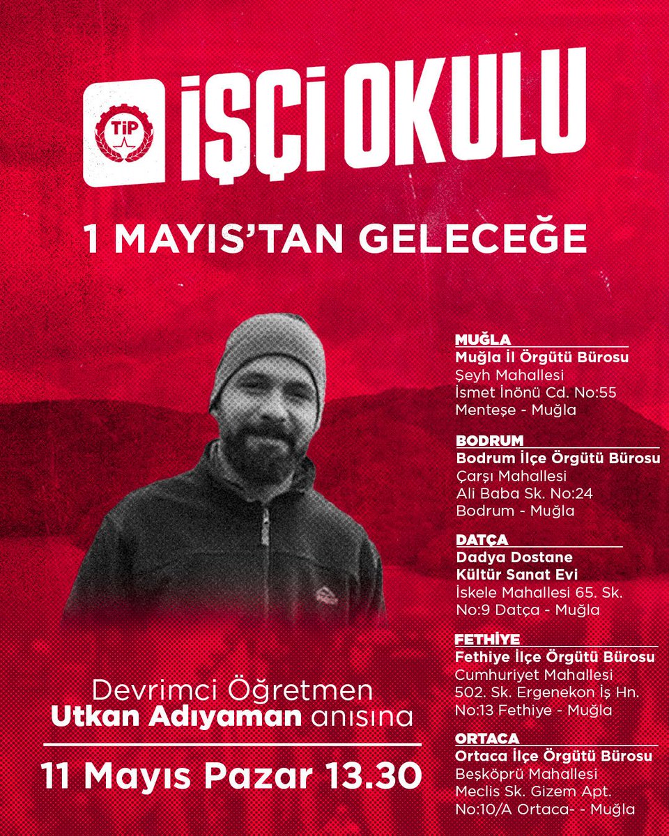 Bu ay, aramızdan ayrılışının yıldönümü nedeniyle devrimci öğretmen Utkan Adıyaman anısına düzenlenecek İşçi Okulu'na tüm emekçiler davetlidir. 

Birlikte öğrenelim, dayanışmayı ve mücadeleyi büyütelim ✊️