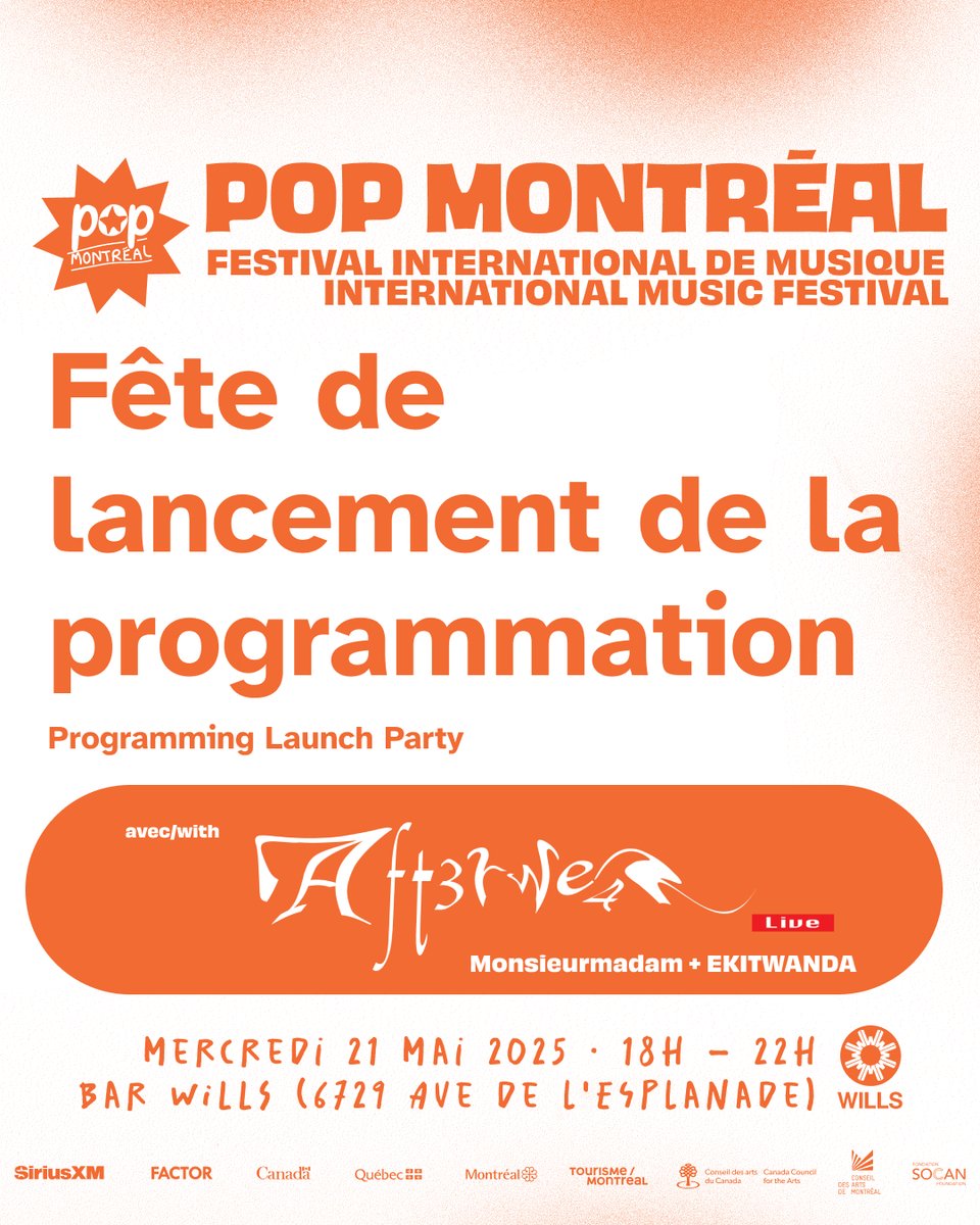 POP Montréal vous donne rendez-vous le mercredi 21 mai au Bar Wills et sa magnifique terrasse, de 18h à 22h, pour la première annonce de notre programmation ! DJs: Monsieurmadam et EKITWANDA // Aft3rwe4r ⭐︎⭐︎⭐︎ 
RSVP: facebook.com/share/16A4knCN…