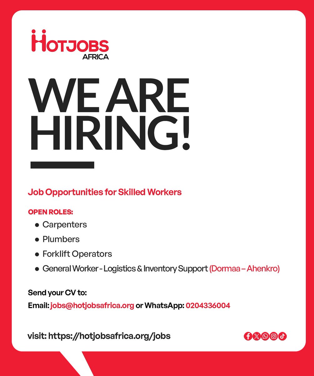 hotjobsafrica's tweet image. WE’RE HIRING!

📩 Send your CV to:
Email: jobs@hotjobsafrica.org or WhatsApp: 0204336004

#HotjobsAfrica #NowHiring #SkilledJobs  #ForkliftOperator #CarpentersNeeded #PlumberJobs #GeneralWorkers #JobVacancy #WorkOpportunity #ApplyNow #uefachampionsleague #JobAlert #HiringNow Cedi