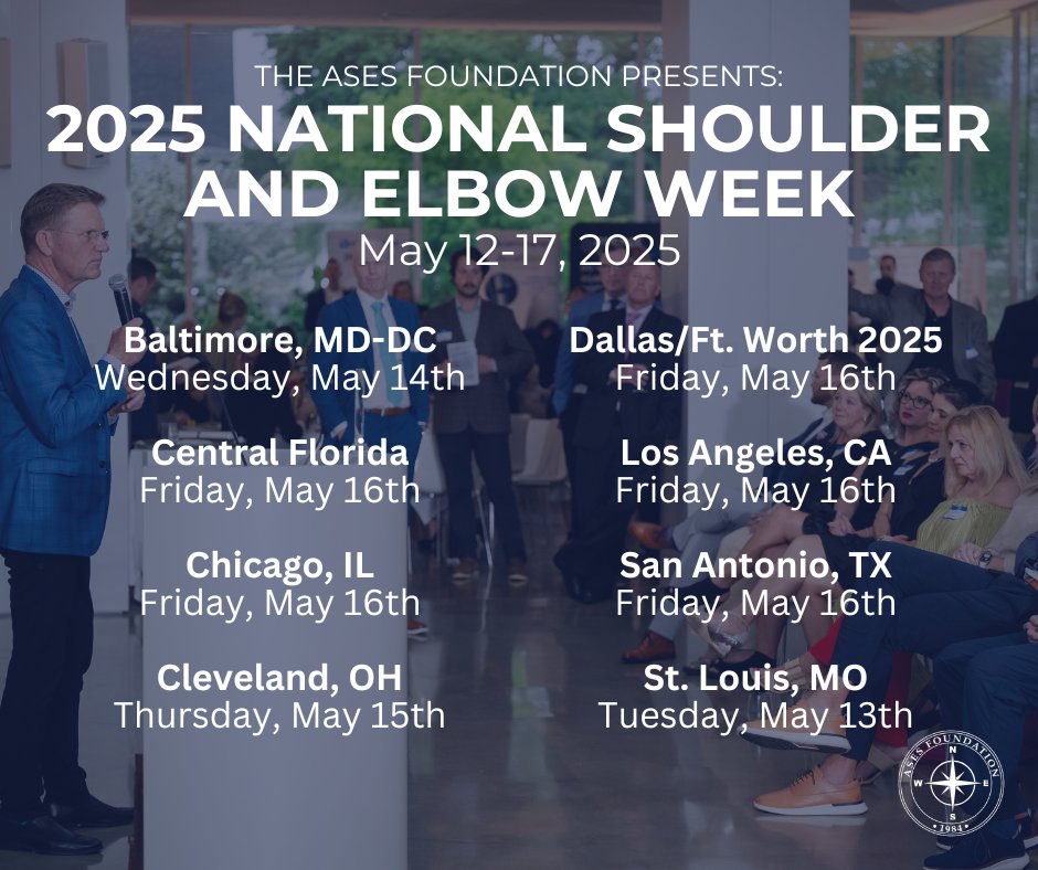 Join us next week as we celebrate National Shoulder &amp; Elbow Week, dedicated to advancing research, education, and awareness in shoulder and elbow health! With events held in cities across the U.S., there’s an opportunity near you to connect &amp; learn!

ases-assn.org/foundation/nat…
