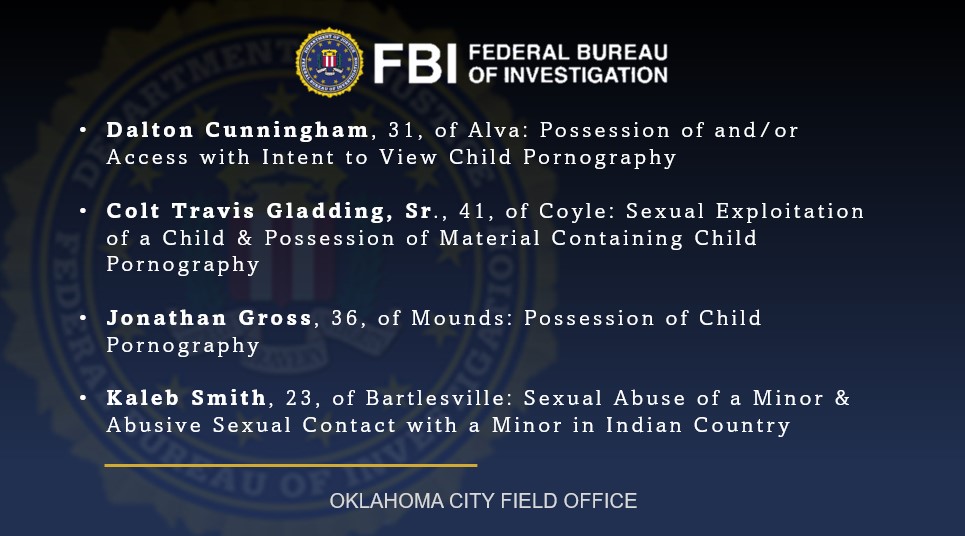 FBI Oklahoma City (@fbioklahomacity) on Twitter photo #OperationRestoreJustice defendants in the Western and Eastern Districts of #Oklahoma. These arrests would not have been possible without the outstanding work of our partners: @LoganCountySO, #Alva PD, <a href="/TulsaPolice/">Tulsa Police</a>, #Bartlesville PD, <a href="/USAO_WDOK/">U.S. Attorney WDOK</a>, and <a href="/USAO_NDOK/">U.S. Attorney NDOK</a>. #OperationRestoreJustice defendants in the Western and Eastern Districts of #Oklahoma. These arrests would not have been possible without the outstanding work of our partners: @LoganCountySO, #Alva PD, <a href="/TulsaPolice/">Tulsa Police</a>, #Bartlesville PD, <a href="/USAO_WDOK/">U.S. Attorney WDOK</a>, and <a href="/USAO_NDOK/">U.S. Attorney NDOK</a>.