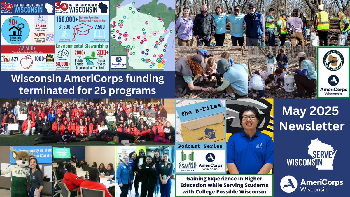 Serve Wisconsin (@servewisconsin) on Twitter photo Check out our May newsletter: conta.cc/4kbwgNe
Stories include response by <a href="/GovEvers/">Governor Tony Evers</a> to federal termination of 25 Wisconsin <a href="/AmeriCorps/">AmeriCorps</a> program grants, Earth Day project by <a href="/CityofGreenBay/">City of Green Bay</a> Conservation Corps, <a href="/CollPossibleWI/">College Possible Wisconsin</a> member serving UW-Milwaukee students, & more Check out our May newsletter: conta.cc/4kbwgNe
Stories include response by <a href="/GovEvers/">Governor Tony Evers</a> to federal termination of 25 Wisconsin <a href="/AmeriCorps/">AmeriCorps</a> program grants, Earth Day project by <a href="/CityofGreenBay/">City of Green Bay</a> Conservation Corps, <a href="/CollPossibleWI/">College Possible Wisconsin</a> member serving UW-Milwaukee students, & more