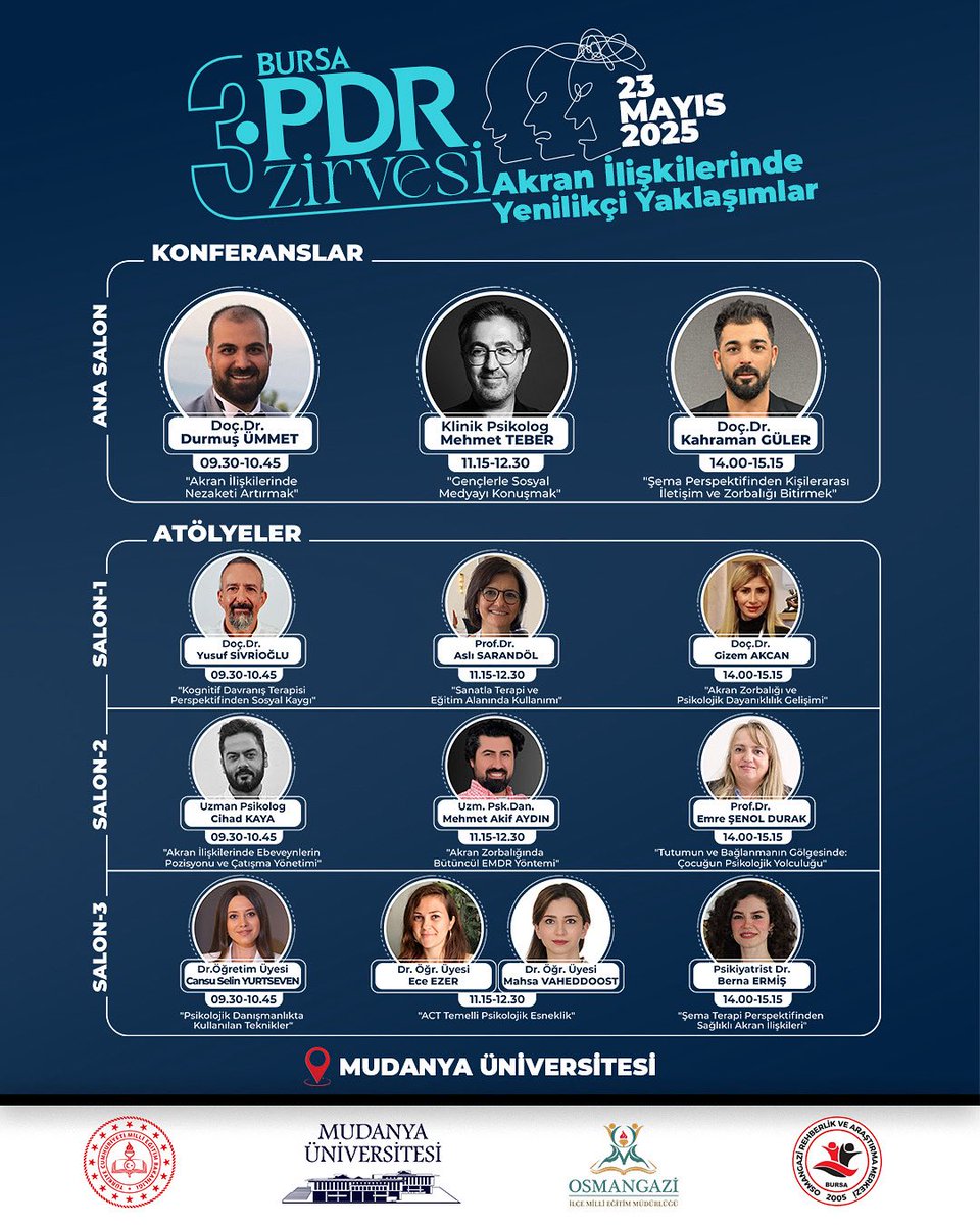 🎓 BURSA 3. PDR ZİRVESİNDE BULUŞUYORUZ 
📍Akran İlişkilerinde Yenilikçi Yaklaşımlar

📅 Tarih: 23 Mayıs 2025, Cuma
🕘 Saat: 09.30 – 15.15
📍 Yer: Mudanya Üniversitesi Yerleşkesi

🎯 Eğitimciler, rehber öğretmenler, psikolojik danışmanlar ve alana ilgi duyan herkes davetlidir!