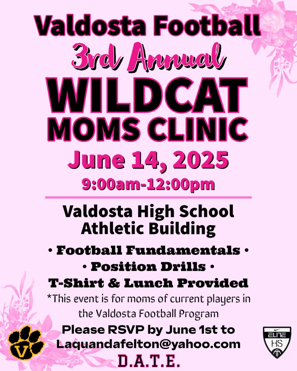 Valdosta Football (@24vhsfootball) on Twitter photo 🌸🌸🌸Calling all Moms of current players in the Valdosta Football Program, middle school & high school. Please RSVP by June 1st to Laquandafelton@yahoo.com. 🌸🌸🌸 🌸🌸🌸Calling all Moms of current players in the Valdosta Football Program, middle school & high school. Please RSVP by June 1st to Laquandafelton@yahoo.com. 🌸🌸🌸