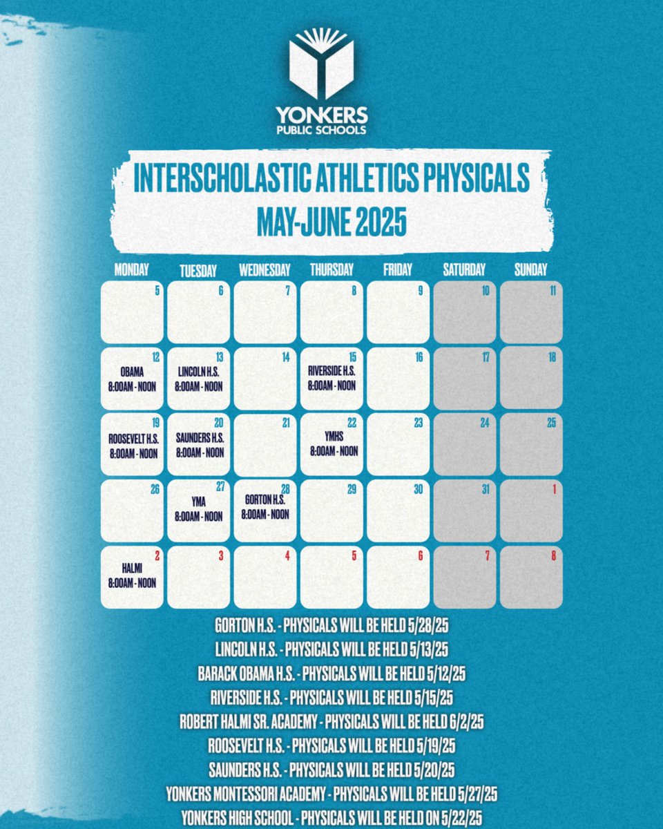Attention YPS Students!

Want to be ahead of the game for next school year? Athletics physicals will be held on the dates below!

Don't miss your chance to get cleared early for participation in your favorite Fall sports!

ALL PHYSICALS WILL BE HELD BETWEEN 8AM &amp; 12PM!