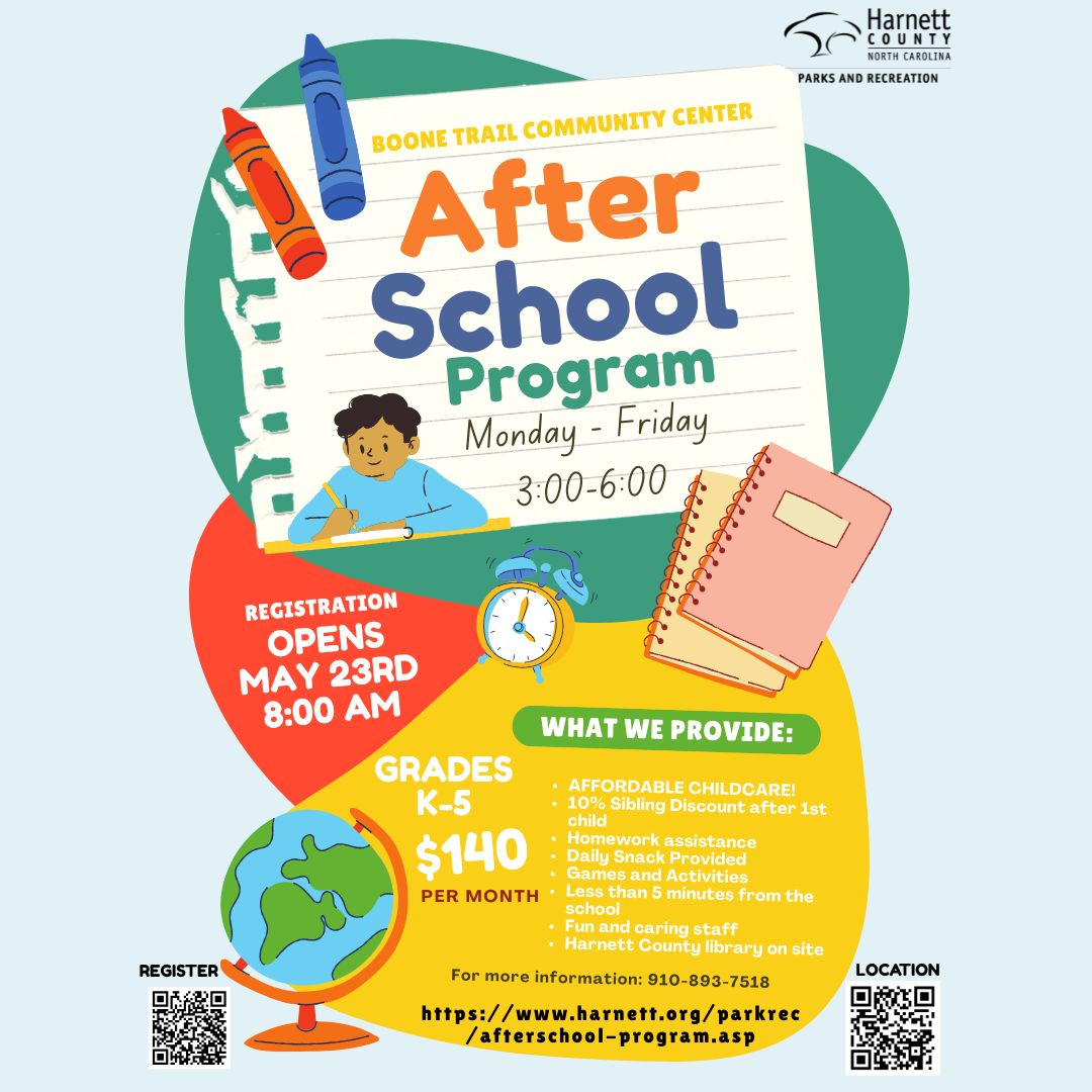 HarnettCoParks's tweet image. 🏫 ✍️ 🛝
Registration for the Boone Trail Community Center & Benhaven Community Center Afterschool Programs for the 2025-26 school year opens on Friday, May 23 at 8 AM!
For more information, visit our web page at harnett.org/parkrec/afters… or contact our office at 910-893-7518!