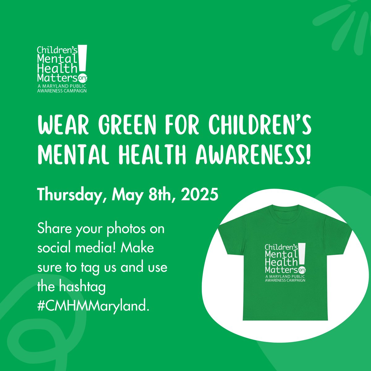 💚  TOMORROW — don't forget to GO GREEN for #ChildrensMentalHealthAwareness! 💚 

Let's flood social media with a GREEN wave of support for mental health. 

📷 Snap a pic in your green gear &amp; tag us!

#MentalHealthAwarenessDay #MentalHealthAwarenessMonth