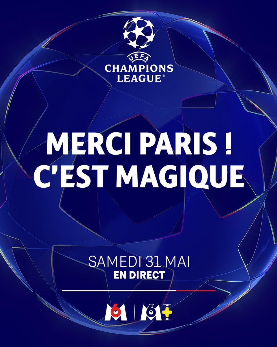 M6's tweet photo. PARIS EST MAGIQUE 🎇
Suivez en direct sur M6 et @M6plusofficiel la finale de la Ligue des Champions entre le @PSG_inside et l' @Inter Milan samedi 31 mai ! #PSGINTER #ChampionsLeague https://t.co/UFtlZquNxW