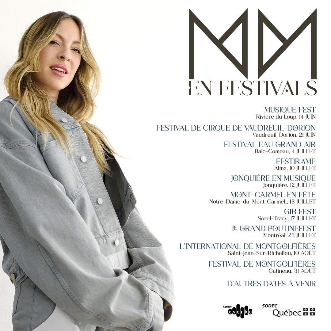 Je retrouverai la scène cet été pour une tournée de festivals et je compte bien TOUT arracher! 🤩

Venez (re)découvrir mes nouvelles chansons, mais surtout les classiques qui ont marqué mon parcours.

J’ai hâte d’aller à votre rencontre! 💛 
Marquez vos calendriers!!!!!