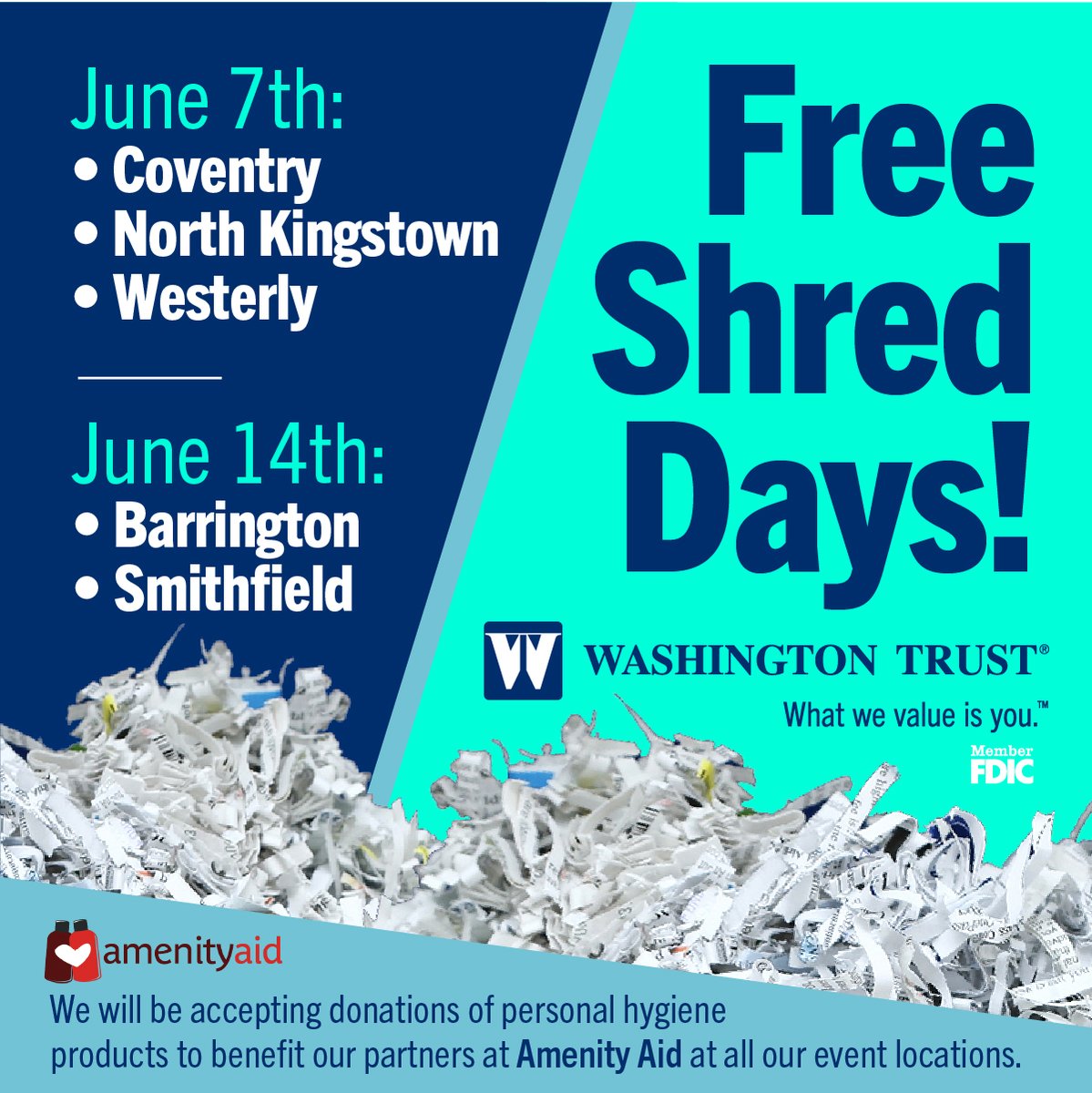 WashTrust's tweet photo. Securely shredding your old documents is one great way to protect your identity, and we are proud to offer this free service to our communities. For location details &amp; more: ▶️ https://t.co/4fInySvwiV
__
What we value is you.®
#WashTrust

#ShredDayRI
#FraudPrevention
#iLuvRI https://t.co/SZKYaNtX0t