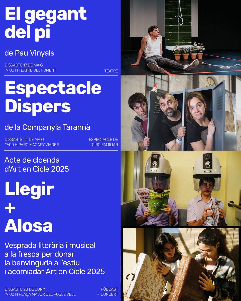 Torna Art en Cicle! 🙌🏽🎭🎪🎶📚 Ja tenim aquí la 8a edició del festival d’arts escèniques de Súria 💛

🎫 Entrades a la venda a entrades.fomentculturalsuria.cat o a la botiga Milar Reguant Agut. 

#ArtEnCicle #ArtEnCicle2025