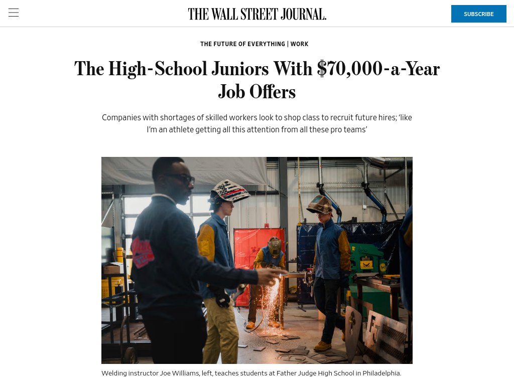High school juniors with shop class trade skills like welding and plumbing are getting job offers for $70,000/year before they even graduate.

No debt.
No four year career delay.
No indoctrination.

College is a scam.