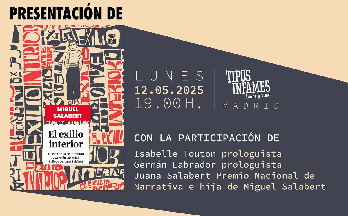 El lunes que viene, 12M, presentamos #elexiliointerior en <a href="/tiposinfames/">Tipos Infames</a> 
Una ocasión de lujo, con los responsables de la edición, Isabelle Touton y Germán Labrador, y con Juana Salabert, hija del autor y Premio Nacional de Narrativa.
todostuslibros.com/libros/el-exil…
#memoriademocrática