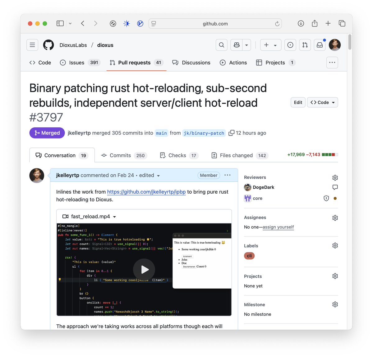 🎉 Rust hot-patching is merged! 🎉

6 weeks, 305 commits, 25k LoC, dozens of late nights.

8 platforms, 3 architectures, 300ms compiles.

Apparently you can just do things.