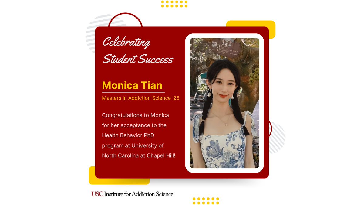 Institute for Addiction Science at USC (@iasatusc) on Twitter photo ✨ We’re so proud to celebrate Monica Tian, an outstanding student in our Addiction Science master’s program, who has been accepted into the Health Behavior PhD program at the University of North Carolina at Chapel Hill! <a href="/UNC/">UNC-Chapel Hill</a>
Let’s give a huge congratulations to Monica as she ✨ We’re so proud to celebrate Monica Tian, an outstanding student in our Addiction Science master’s program, who has been accepted into the Health Behavior PhD program at the University of North Carolina at Chapel Hill! <a href="/UNC/">UNC-Chapel Hill</a>
Let’s give a huge congratulations to Monica as she