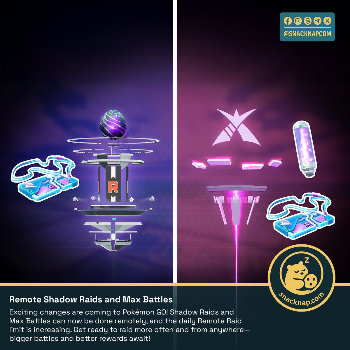 snacknapcom's tweet image. 🚨 Big updates in Pokémon GO!
Remote Shadow Raids and Max Battles are here, plus higher daily Remote Raid limits!

💥 Battle from anywhere, earn more rewards, and don’t miss the action!
👉 Read the full update: snacknap.com/news/19/remote…

#PokemonGO #ShadowRaid #MaxBattle