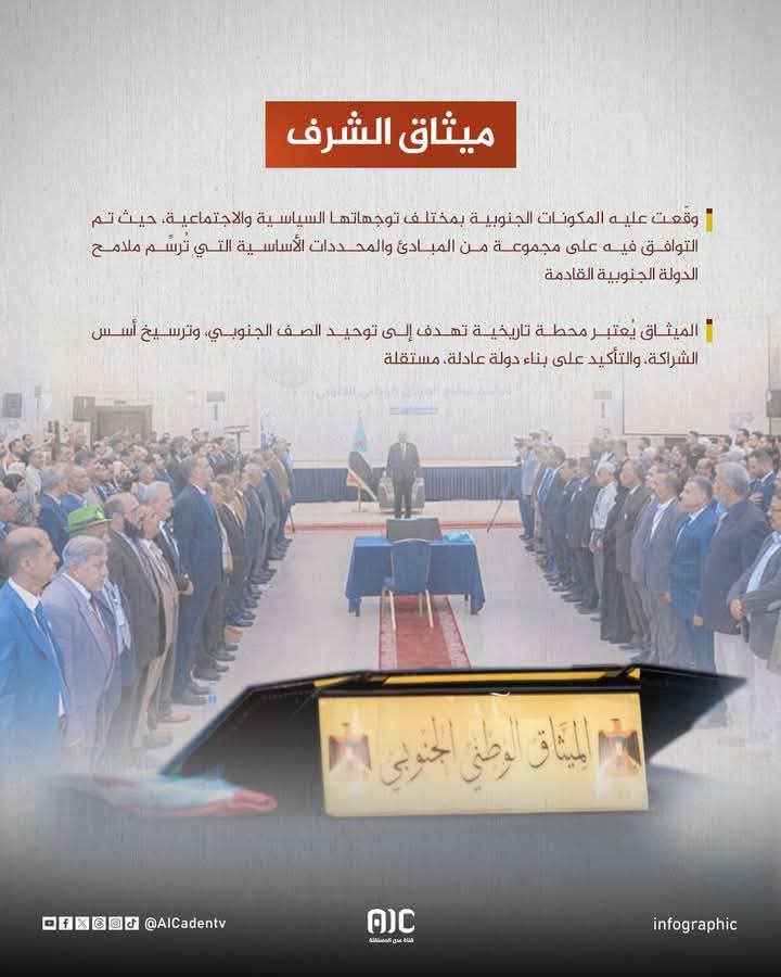 الميثاق الوطني الجنوبي 
وقعت عليه اغلب المكونات الجنوبية بمختلف توجهاتها السياسية والاجتماعية، حيث تم التوافق فيه على مجموعة من المبادئ والمحددات الأساسية
 التي ترسم ملامح الدولة الجنوبية القادمة، يعتبر محطة تاريخية تهدف إلى توحيد الصف وترسيخ أسس الشراكة بناء دولة عادلة مستقلة