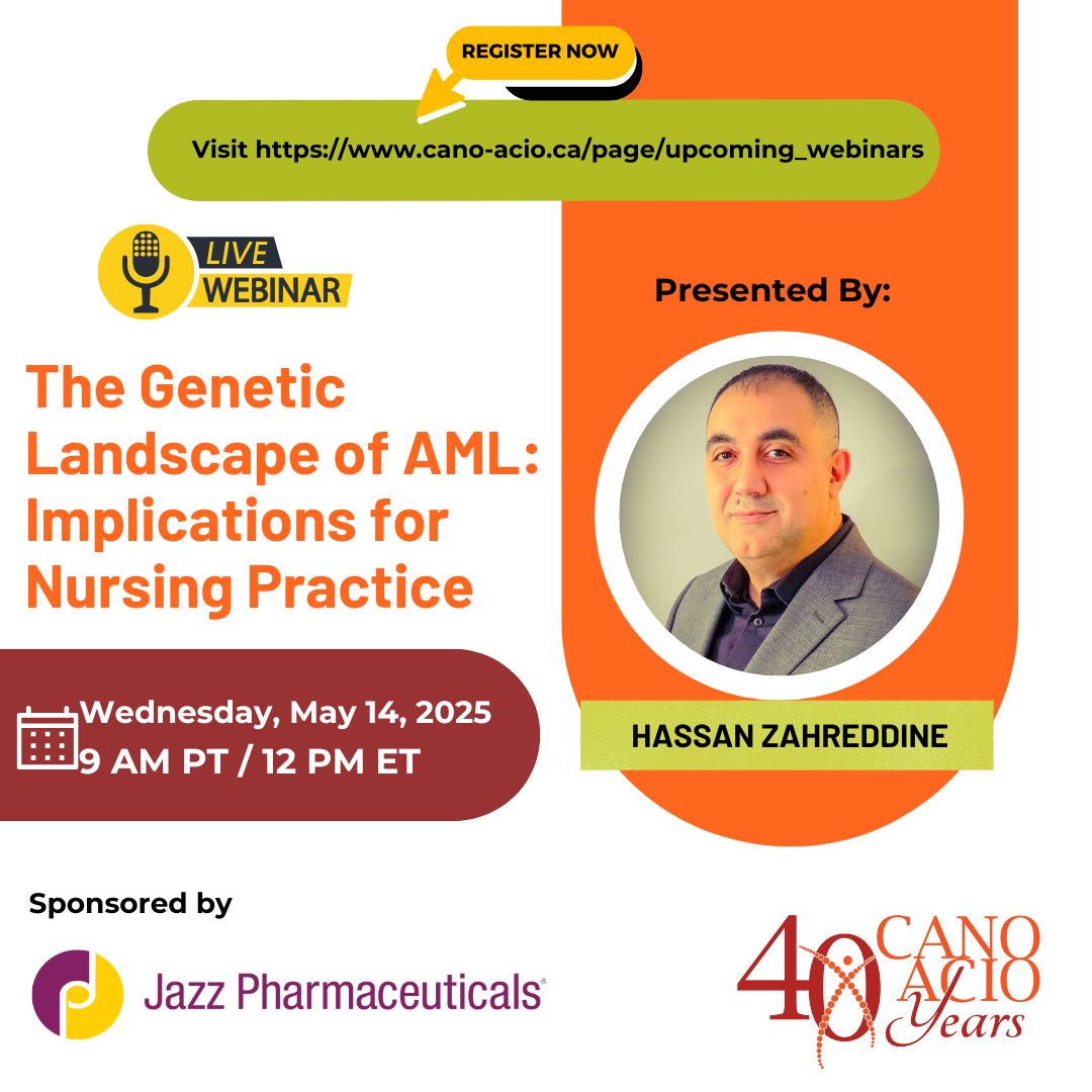 Join us May 14 at 9 AM PT / 12 PM ET for The Genetic Landscape of AML: Implications for Nursing Practice with Hassan Zahreddine. Learn how genetics impact AML care and what it means for nursing.

Register Now: cano-acio.ca/page/upcoming_…

FREE for #CANOACIO Members!