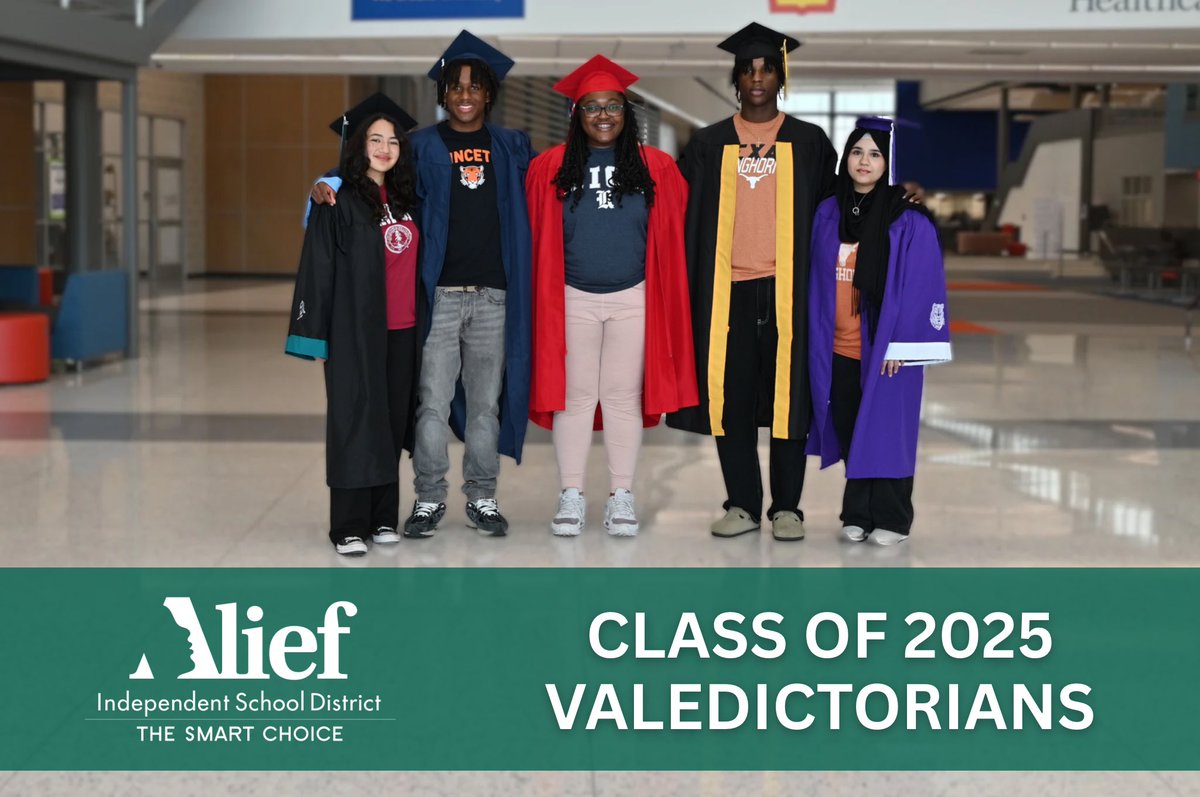 Congratulations to our 2025 Valedictorians! Your hard work, dedication, and perseverance have paid off, and we couldn't be prouder. You're an inspiration to the entire Alief ISD community!
Graduation information will be coming soon — please check our website for updates.