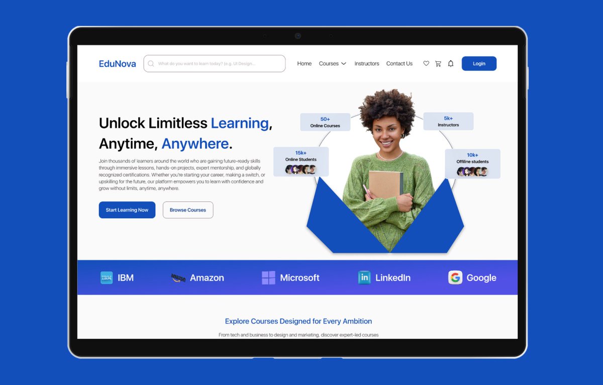 Day 3/20 – UI Challenge

Designed the hero section of an online learning website landing page 

Tomorrow’s another screen!
#DailyUI #UIDesign #UXDesign #Figma #Elearning #EdTech #UIUX #WebDesign #ProductDesign #DesignTwitter