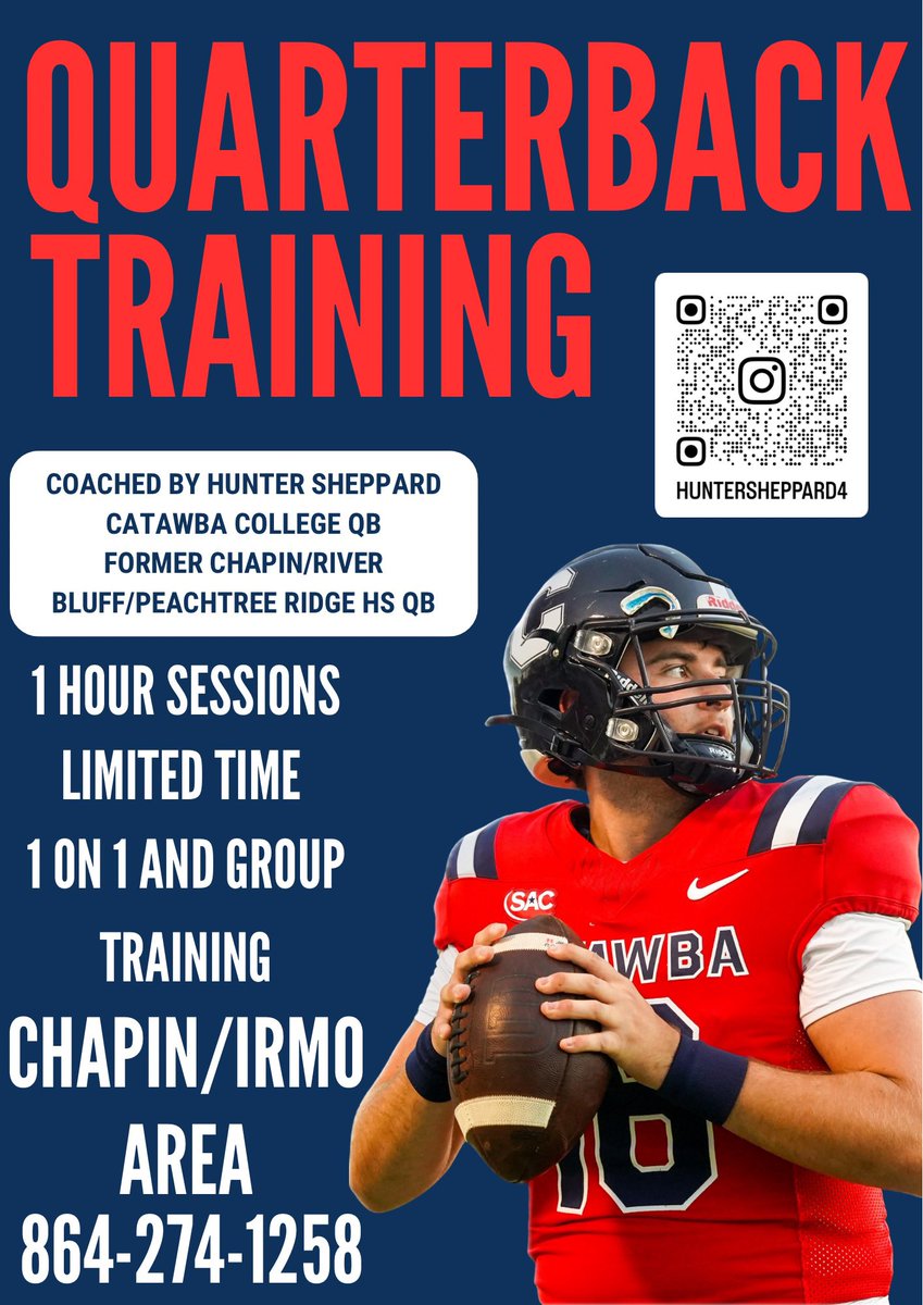 Get trained by an experienced College QB! On field and mental training (Coverage breakdown, leadership skills, mental aspects). Please pass along! #QBTraining #Chapin #Irmo #SC