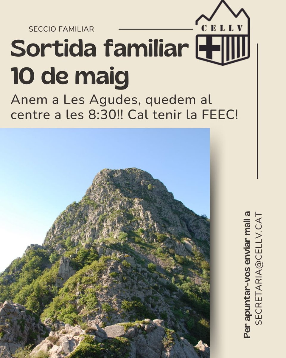 CELlinarsVallès (@cellinarsvalles) on Twitter photo El 10 de maig anem al cim de les Agudes amb la Secció Familiar.
Inscripció a secretaria@cellv.cat El 10 de maig anem al cim de les Agudes amb la Secció Familiar.
Inscripció a secretaria@cellv.cat