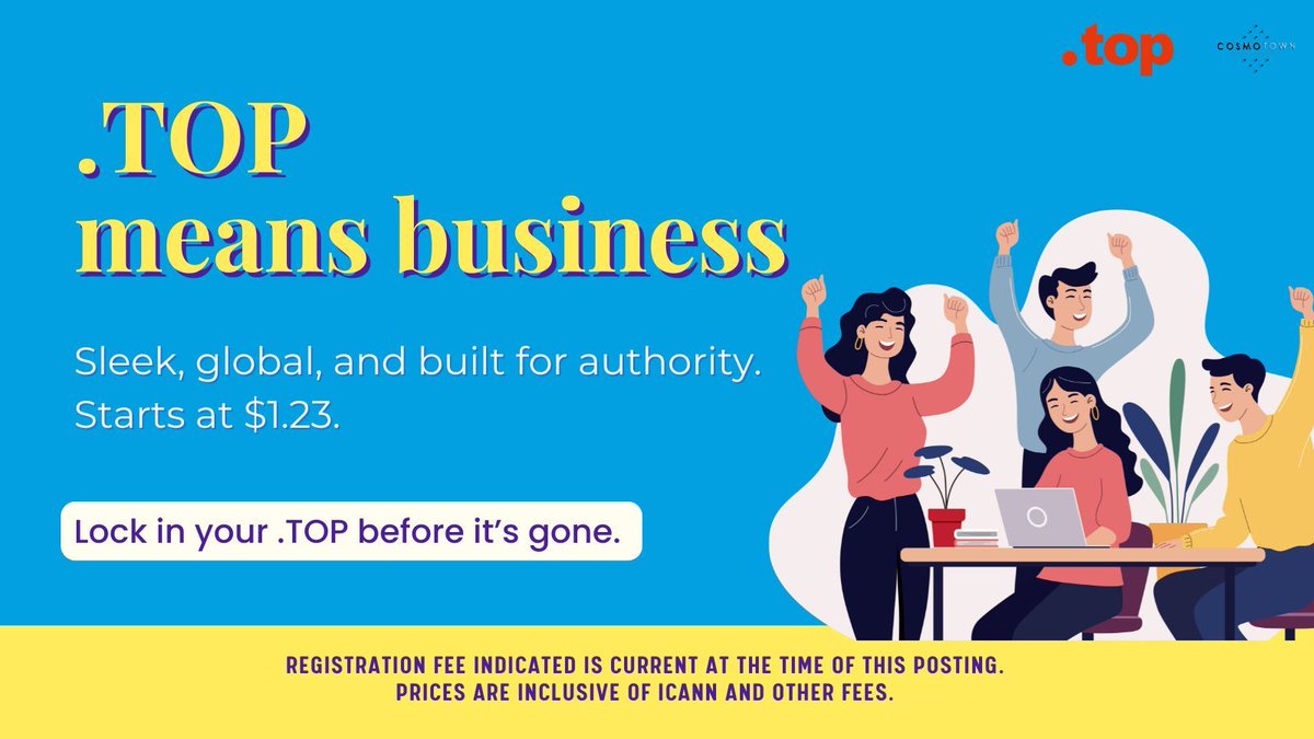 CosmotownDotCOM's tweet image. When your brand’s at the top, your domain should be too.
.TOP sends a clear signal: you&apos;re serious, professional, and built to lead.
Get yours now on Cosmotown.
cosmotown.com 

#branding #dotTOP #domains