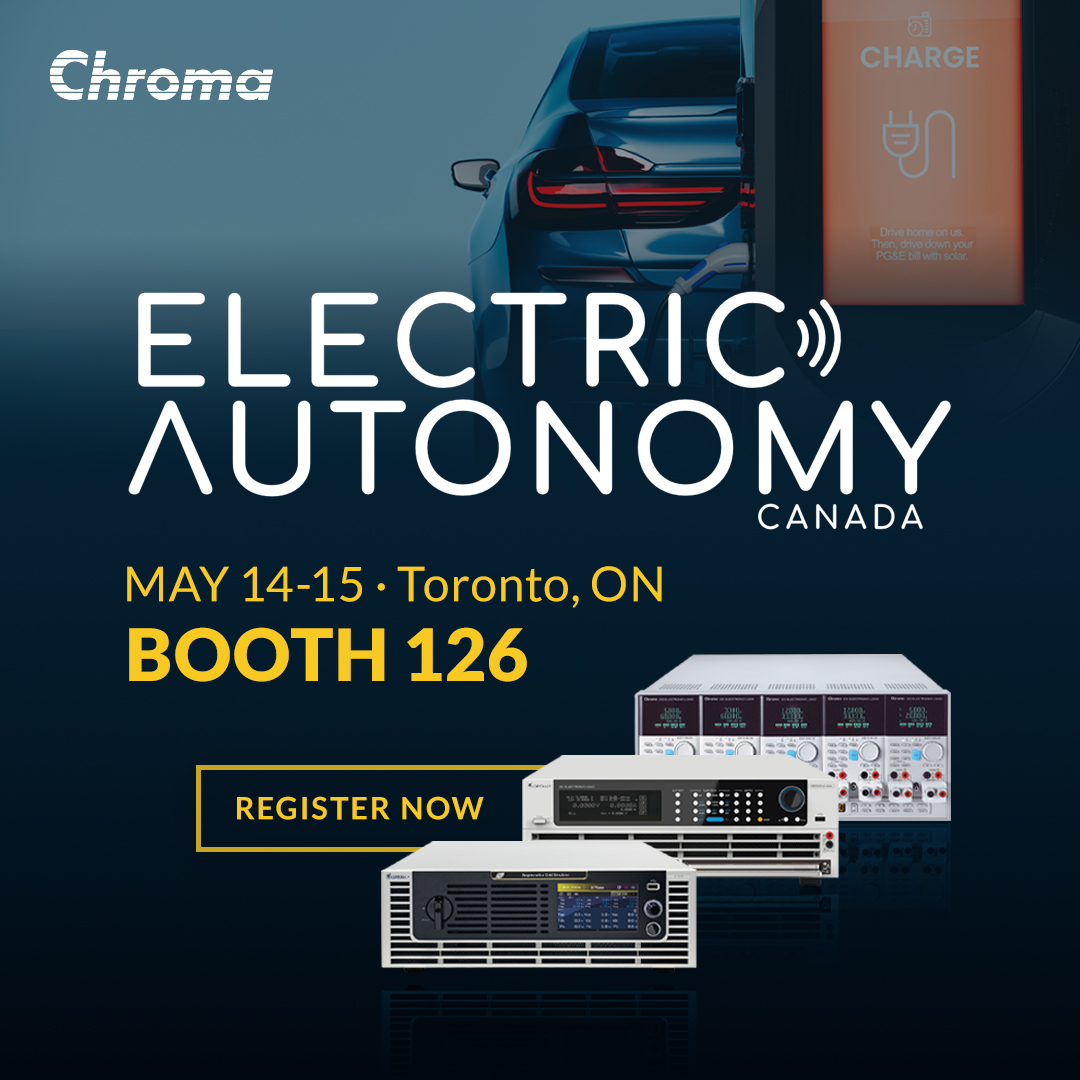 ⚡ Chroma is headed to Toronto for Electric Autonomy's EV &amp; Charging Expo!

📅 May 14–15
📍 Booth 126

Explore our EVSE validation, bidirectional power testing &amp; battery cycling solutions.

🔗 bit.ly/3F0Riz3

#EVChargingExpo #EVTesting #ElectricVehicles #PowerElectronics