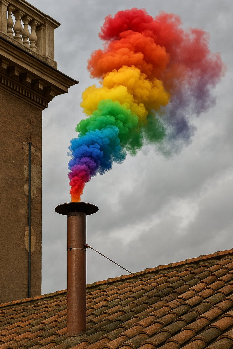Hakonbogen's tweet image. If rainbow-colored smoke comes out of the Sistine Chapel chimney today, it means we have a queer pope!