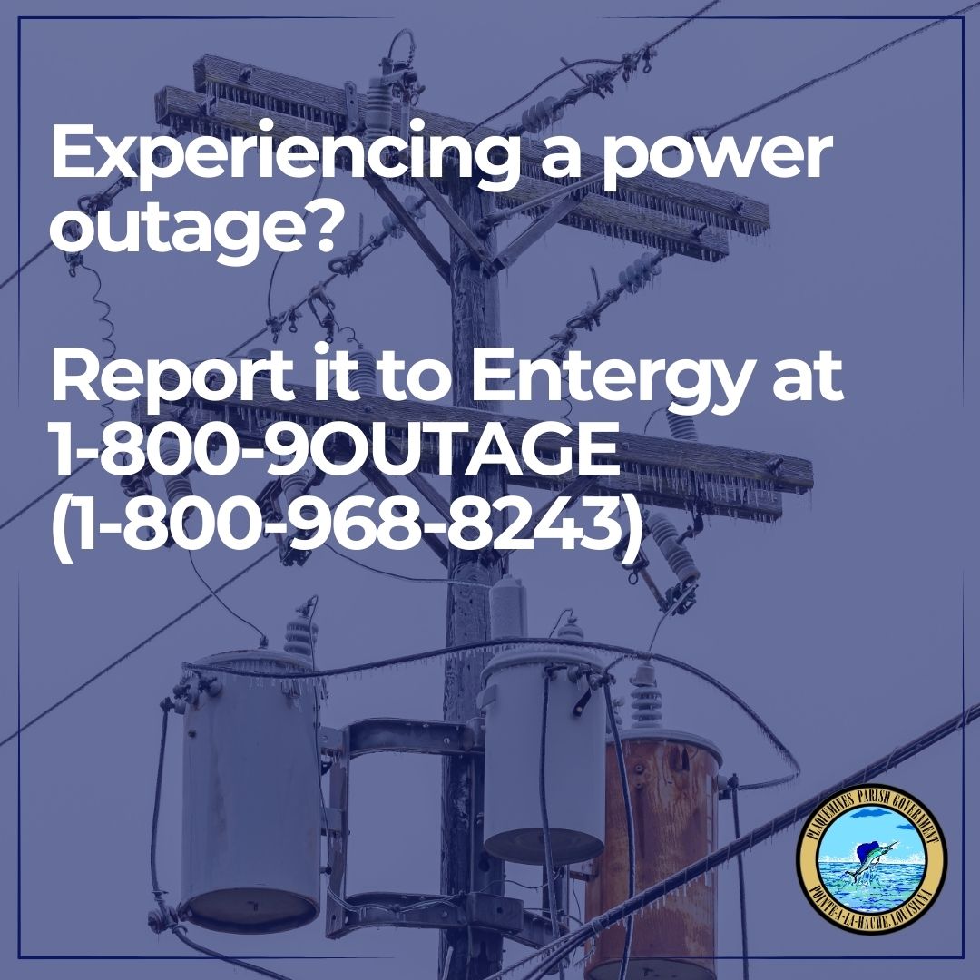 Plaquemines Parish (@plaqgov) on Twitter photo ⚠️ With the predicted weather in the coming days, please report any power outages to Entergy by calling 1-800-9OUTAGE (1-800-968-8243).
Your report helps Entergy quickly track and respond to outages, restoring power as safely and efficiently as possible. myentergy.com/s/reportoutage ⚠️ With the predicted weather in the coming days, please report any power outages to Entergy by calling 1-800-9OUTAGE (1-800-968-8243).
Your report helps Entergy quickly track and respond to outages, restoring power as safely and efficiently as possible. myentergy.com/s/reportoutage
