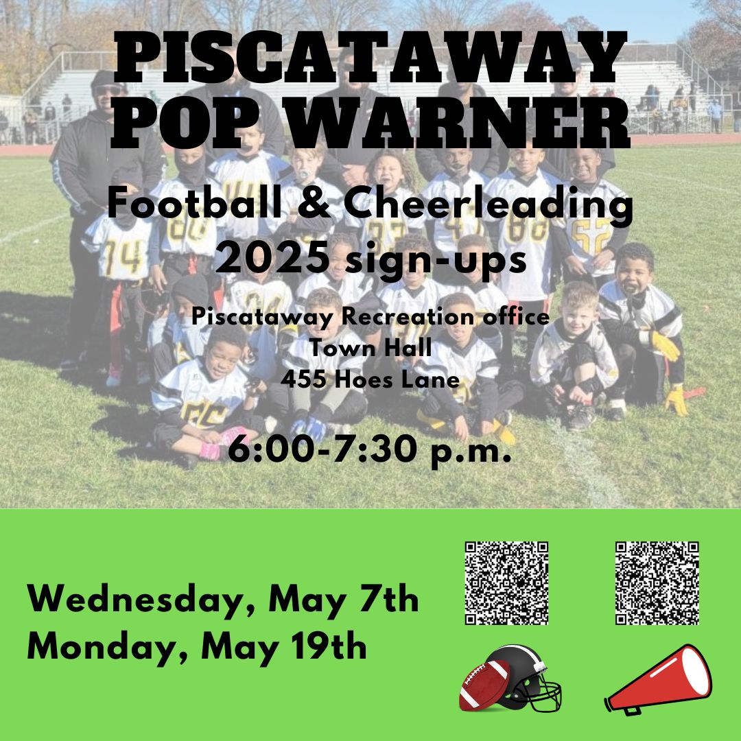 In-person registration for #Piscataway #PopWarner football &amp; cheerleading continues tonight!

Download &amp; fill out the required forms:

Football: piscatawaynj.org/departments/re…

Cheerleading: piscatawaynj.org/departments/re…