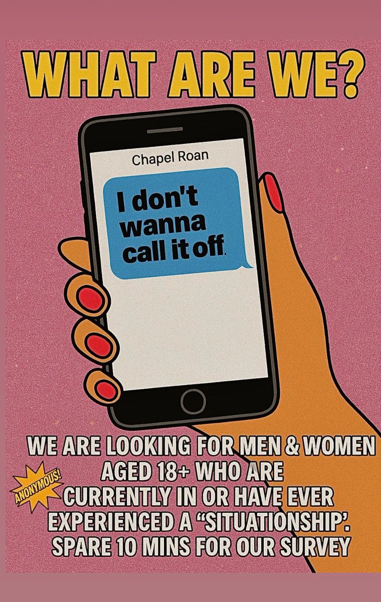SaffronMarli's tweet image. Currently in a “situationship” or had a few? Please spare 10 mins for my MSc dissertation study! Survey link below.
Situationships = relationships that fall between casual dating and committed partnerships, often lacking clear labels or commitment.
app.onlinesurveys.jisc.ac.uk/s/southwales/s…