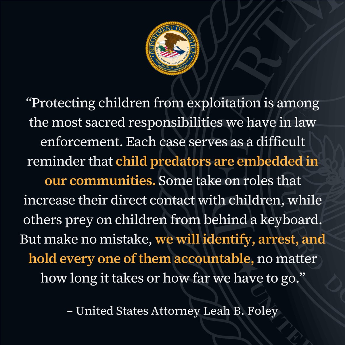 U.S. Attorney Massachusetts (@dmanews1) on Twitter photo #ICYMI Today, DOJ announced the results of Operation Restore Justice – a five-day surge targeting child sex predators. The operation resulted in arrests of more than 200 offenders nationwide, including five here in Massachusetts. <a href="/FBIBoston/">FBI Boston</a>
Read more: justice.gov/usao-ma/pr/jus… #ICYMI Today, DOJ announced the results of Operation Restore Justice – a five-day surge targeting child sex predators. The operation resulted in arrests of more than 200 offenders nationwide, including five here in Massachusetts. <a href="/FBIBoston/">FBI Boston</a>
Read more: justice.gov/usao-ma/pr/jus…