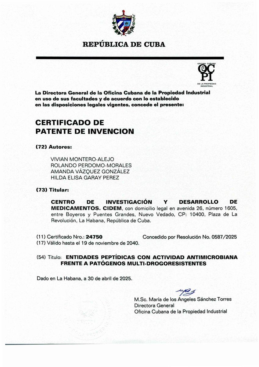 CIDEM_Cuba's tweet photo. @CIDEM_Cuba logra CONCESIÓN de patente de invención que protege nuevos candidatos para tratamiento de enfermedades infecciosas, fruto de la innovación nacional. Un paso clave para mejorar la salud y potenciar el dsllo farmacéutico #Cuba #InnovaciónCIDEM @DuniaCIDEM @MaydaMauriBCF https://t.co/OWP2nJaQE3