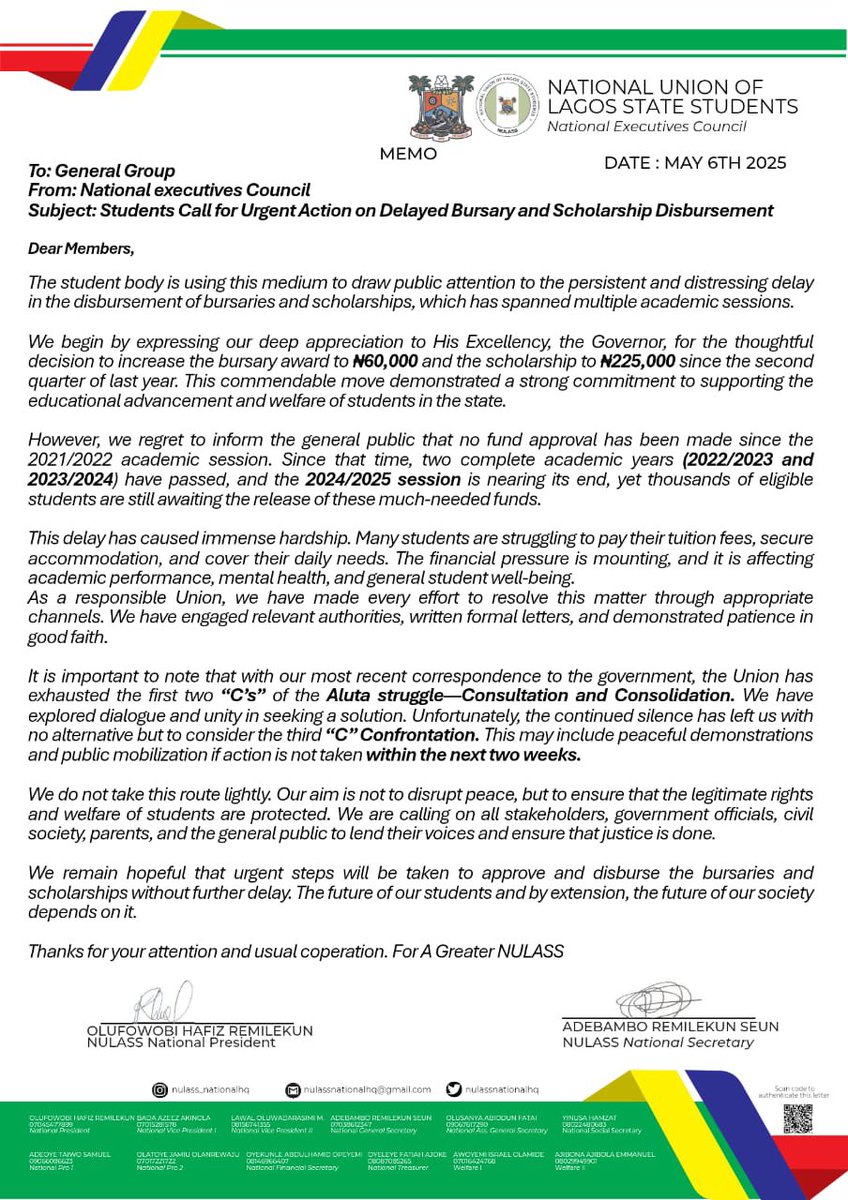NULASS NATIONAL (@nulasshq) on Twitter photo We are giving the Lagos State Government a two-week notice to address our concerns, after which we may be compelled to consider confrontational actions that will, however, not compromise the peace and stability of the state. <a href="/lshaofficial/">LagosHouseOfAssembly</a> <a href="/followlasg/">The Lagos State Govt</a> <a href="/jidesanwoolu/">Babajide Sanwo-Olu</a> We are giving the Lagos State Government a two-week notice to address our concerns, after which we may be compelled to consider confrontational actions that will, however, not compromise the peace and stability of the state. <a href="/lshaofficial/">LagosHouseOfAssembly</a> <a href="/followlasg/">The Lagos State Govt</a> <a href="/jidesanwoolu/">Babajide Sanwo-Olu</a>