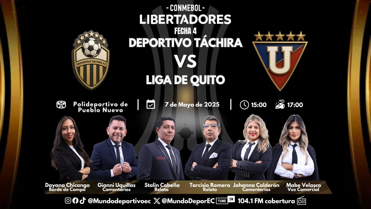MUNDO DEPORTIVO EC ๐ช๐จ (@mundodeporec) on Twitter photo ๐ยกLIBERTADORES! Arrancamos la jornada de copa desde el estadio Pueblo Nuevo ๐ป๐ช
<a href="/DvoTachira/">Deportivo Tรกchira FC</a> ๐ <a href="/LDU_Oficial/">LDU Oficial</a>
๐๏ธ <a href="/TarcisioRomero/">Tarcisio Romero</a>
๐๏ธ <a href="/StalinCobena/">Stalin Cobena</a>
๐ <a href="/gianniuqui/">Gianni Uquillas A.</a> ๐ป๐ช
๐ <a href="/johacalderon11/">Johanna Calderรณn</a> ๐ป๐ช
๐๏ธ <a href="/ChicangoDayana/">Dayana Chicango</a>
๐ฃ๏ธ <a href="/mabe_velasco/">Mabe</a> ๐ยกLIBERTADORES! Arrancamos la jornada de copa desde el estadio Pueblo Nuevo ๐ป๐ช
<a href="/DvoTachira/">Deportivo Tรกchira FC</a> ๐ <a href="/LDU_Oficial/">LDU Oficial</a>
๐๏ธ <a href="/TarcisioRomero/">Tarcisio Romero</a>
๐๏ธ <a href="/StalinCobena/">Stalin Cobena</a>
๐ <a href="/gianniuqui/">Gianni Uquillas A.</a> ๐ป๐ช
๐ <a href="/johacalderon11/">Johanna Calderรณn</a> ๐ป๐ช
๐๏ธ <a href="/ChicangoDayana/">Dayana Chicango</a>
๐ฃ๏ธ <a href="/mabe_velasco/">Mabe</a>
