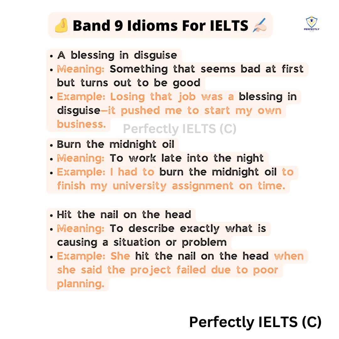 📝 Band 9 Idioms = Band 9 Vocabulary!

Master these phrases and impress the examiner 💥

📘 Grab our IELTS Band 7.0 eBook for more! (Link in bio!) 

#IELTS #IELTSIdioms #IELTSGrammar