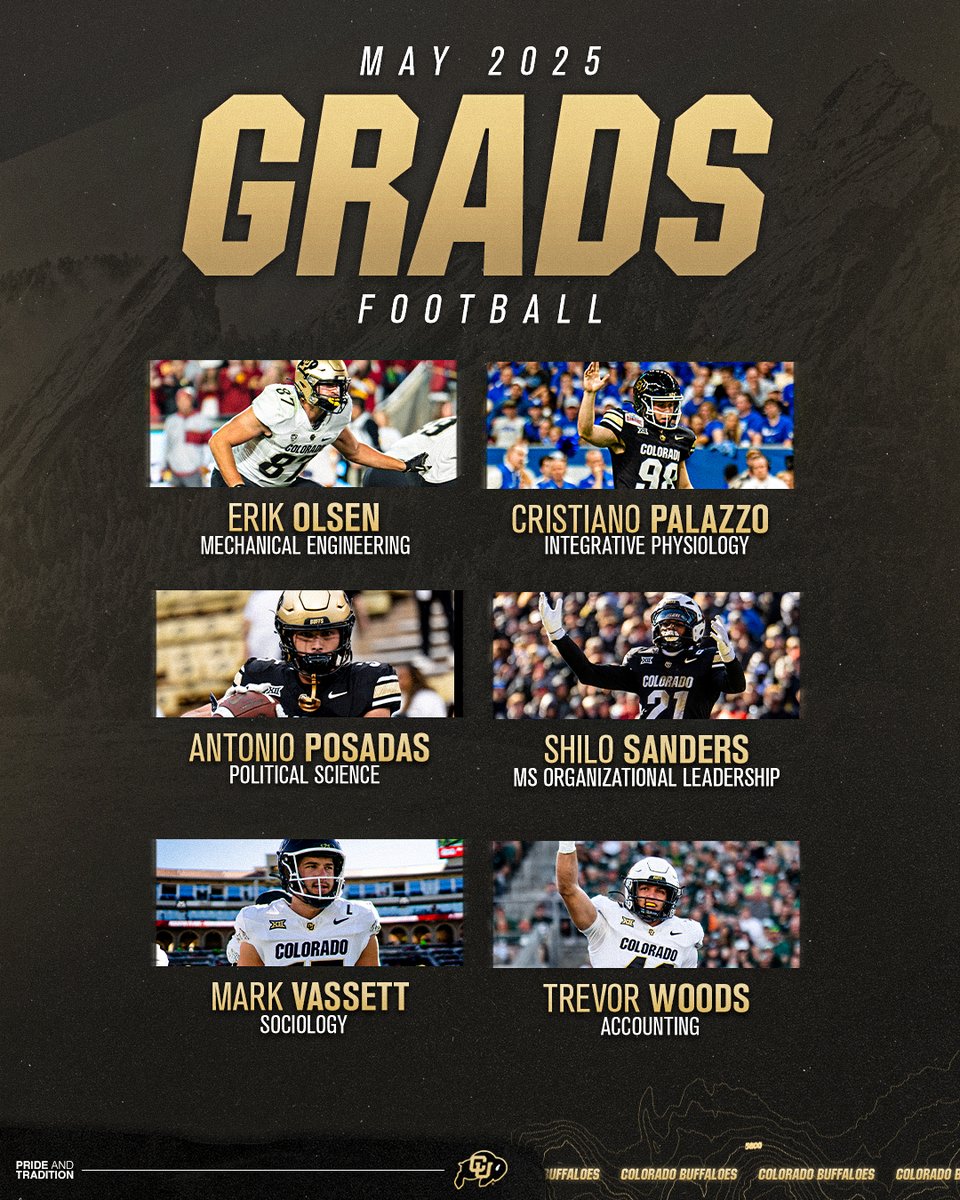 Congrats to our amazing football grads! Wishing you all the best in what's next. 🏈🎓
<a href="/CUBuffsFootball/">Colorado Buffaloes Football</a> 
#ForeverBuffs
#GoBuffs
#2025Grads