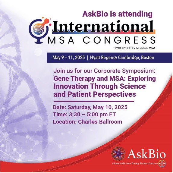 AskBio Inc. (AskBio) (@ask_bio) on Twitter photo Join us at <a href="/MissionMSA/">Mission MSA</a>’s 2025 International MSA Congress! AskBio's symposium on #GeneTherapy and MSA: Exploring Innovation Through Science and Patient Perspectives will be held on Saturday, May 10 from 3:30-5:00pm..
Learn more about #MSA2025: bit.ly/3EgImoL Join us at <a href="/MissionMSA/">Mission MSA</a>’s 2025 International MSA Congress! AskBio's symposium on #GeneTherapy and MSA: Exploring Innovation Through Science and Patient Perspectives will be held on Saturday, May 10 from 3:30-5:00pm..
Learn more about #MSA2025: bit.ly/3EgImoL