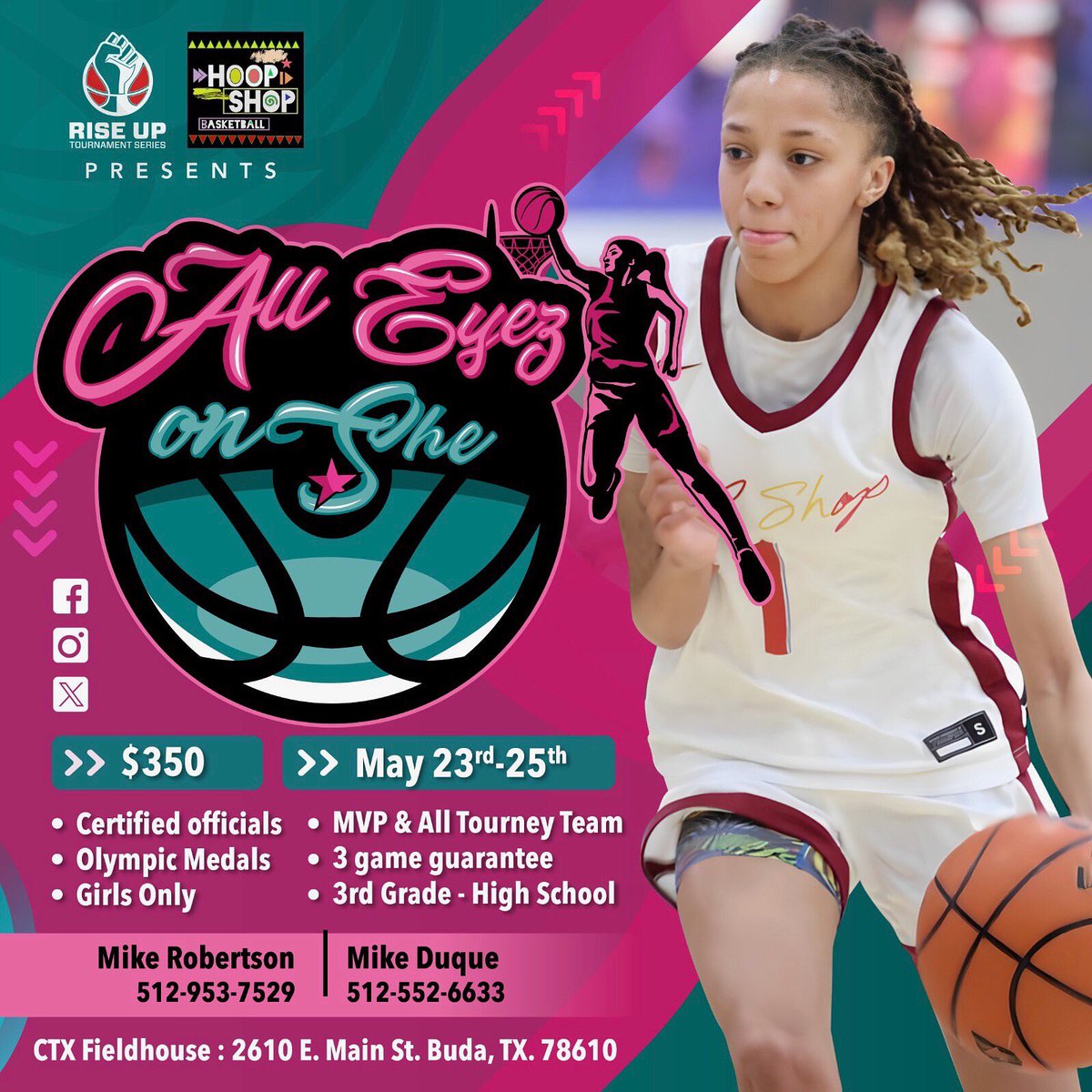Coaches, ALL EYEZ ON SHE is here! One of the biggest and most electrifying “ALL GIRLS” Tournaments in central Texas!

🏅Division MVP awards
💍Custom championship rings
⛹️‍♀️All Tournament Teams
🎥Game day Media By Ashley Roberts “it’s just different”

Registration is filling fast!