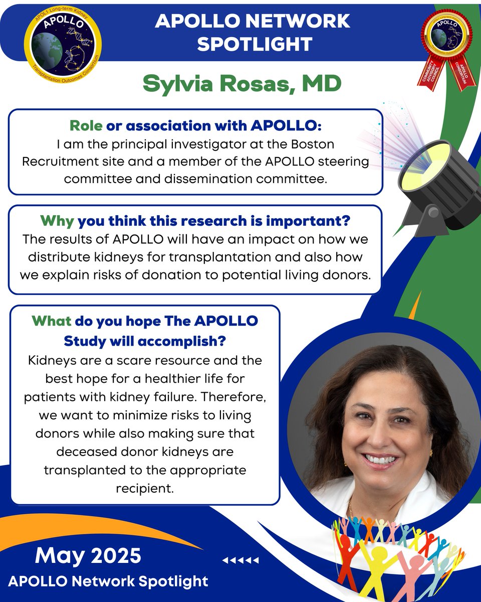 APOLLO_Network13 (@apollonetwork13) on Twitter photo 🌟The <a href="/ApolloNetwork13/">APOLLO_Network13</a> #MemberSpotlight, May 2025:
🤲🏽Proud to honor Dr. <a href="/sylviaerosas/">Sylvia Rosas,MD,MSCE</a> for outstanding leadership on the #APOLLO Steering Committee➕ Dissemination Working Group.💙💚Her leadership is vital in advancing #KidneyHealth, #OrganDonation, and #PrecisionMedicine 🧬🏥🫶 🌟The <a href="/ApolloNetwork13/">APOLLO_Network13</a> #MemberSpotlight, May 2025:
🤲🏽Proud to honor Dr. <a href="/sylviaerosas/">Sylvia Rosas,MD,MSCE</a> for outstanding leadership on the #APOLLO Steering Committee➕ Dissemination Working Group.💙💚Her leadership is vital in advancing #KidneyHealth, #OrganDonation, and #PrecisionMedicine 🧬🏥🫶