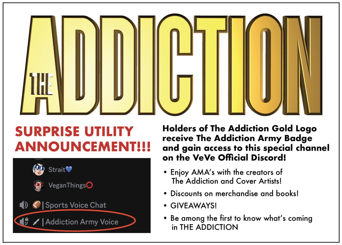 ΩMΞGΔTRΩN88 (@omegatron_88) on Twitter photo If you are lucky enough to hold an Addiction Gold Logo, we would like to invite you our secret channel on the VeVe Official Discord! Open a Discord support ticket and tag me with a screenshot of your logo showing mint number to gain access. <a href="/veve_official/">VeVe | Digital Collectibles</a> <a href="/VincentZurzolo/">Vincent Zurzolo</a> David If you are lucky enough to hold an Addiction Gold Logo, we would like to invite you our secret channel on the VeVe Official Discord! Open a Discord support ticket and tag me with a screenshot of your logo showing mint number to gain access. <a href="/veve_official/">VeVe | Digital Collectibles</a> <a href="/VincentZurzolo/">Vincent Zurzolo</a> David
