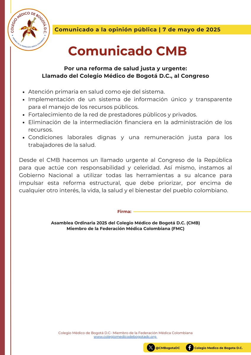 Cᴏʟᴇɢɪᴏ Mᴇ́ᴅɪᴄᴏ ᴅᴇ Bᴏɢᴏᴛá D.C. (@cmbogotadc) on Twitter photo 📢 #COMUNICADO Desde la Asamblea Ordinaria 2025 del <a href="/CMBogotaDC/">Cᴏʟᴇɢɪᴏ Mᴇ́ᴅɪᴄᴏ ᴅᴇ Bᴏɢᴏᴛá D.C.</a> alzamos la voz: ¡la reforma a la salud no puede seguir centrada solo en las EPS! 🧵👇
colegiomedicodebogotadc.org/comunicado-pub… 📢 #COMUNICADO Desde la Asamblea Ordinaria 2025 del <a href="/CMBogotaDC/">Cᴏʟᴇɢɪᴏ Mᴇ́ᴅɪᴄᴏ ᴅᴇ Bᴏɢᴏᴛá D.C.</a> alzamos la voz: ¡la reforma a la salud no puede seguir centrada solo en las EPS! 🧵👇
colegiomedicodebogotadc.org/comunicado-pub…