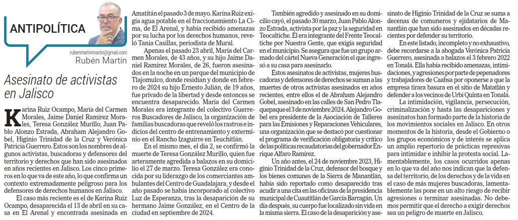 Rubén Martín (@rmartinmar) on Twitter photo "Asesinato de activistas en Jalisco".
Les comparto mi columna publicada en <a href="/informador/">𝐄𝐋 𝐈𝐍𝐅𝐎𝐑𝐌𝐀𝐃𝐎𝐑</a>
informador.mx/ideas/Asesinat… "Asesinato de activistas en Jalisco".
Les comparto mi columna publicada en <a href="/informador/">𝐄𝐋 𝐈𝐍𝐅𝐎𝐑𝐌𝐀𝐃𝐎𝐑</a>
informador.mx/ideas/Asesinat…